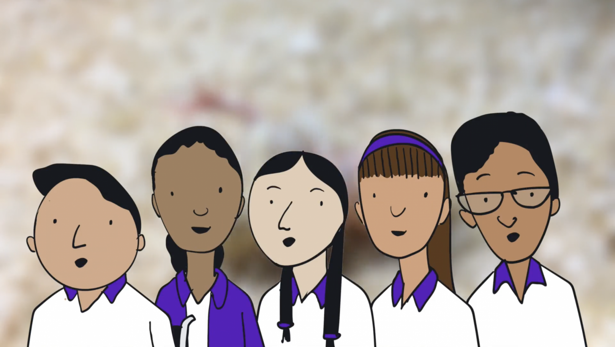 Line of kids in white shirts with purple collars