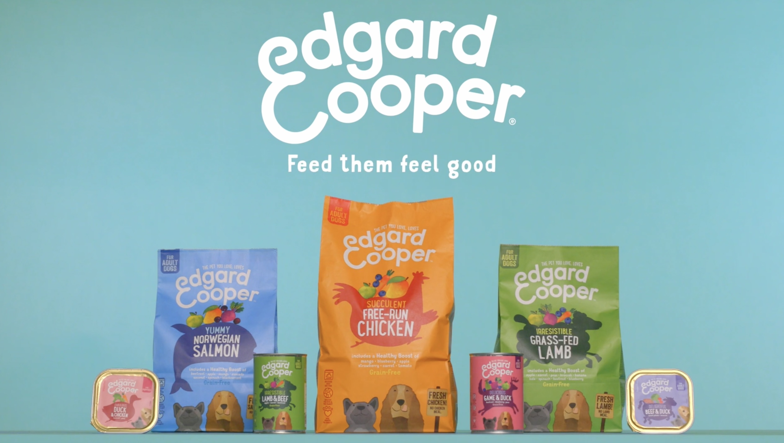 Bags and cans of dog food labeled Edward and Cooper